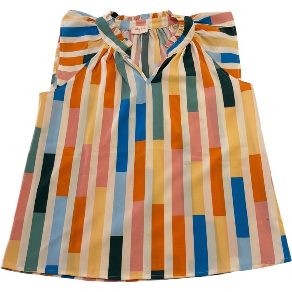 Hailey & Co Blouse Womens Small Multi Color Oversized Striped Ruffle V-Neck Top